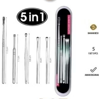 Korek Kuping 5 in 1 Stainless steel Besi Kotak Mika tebal Ear Telinga
