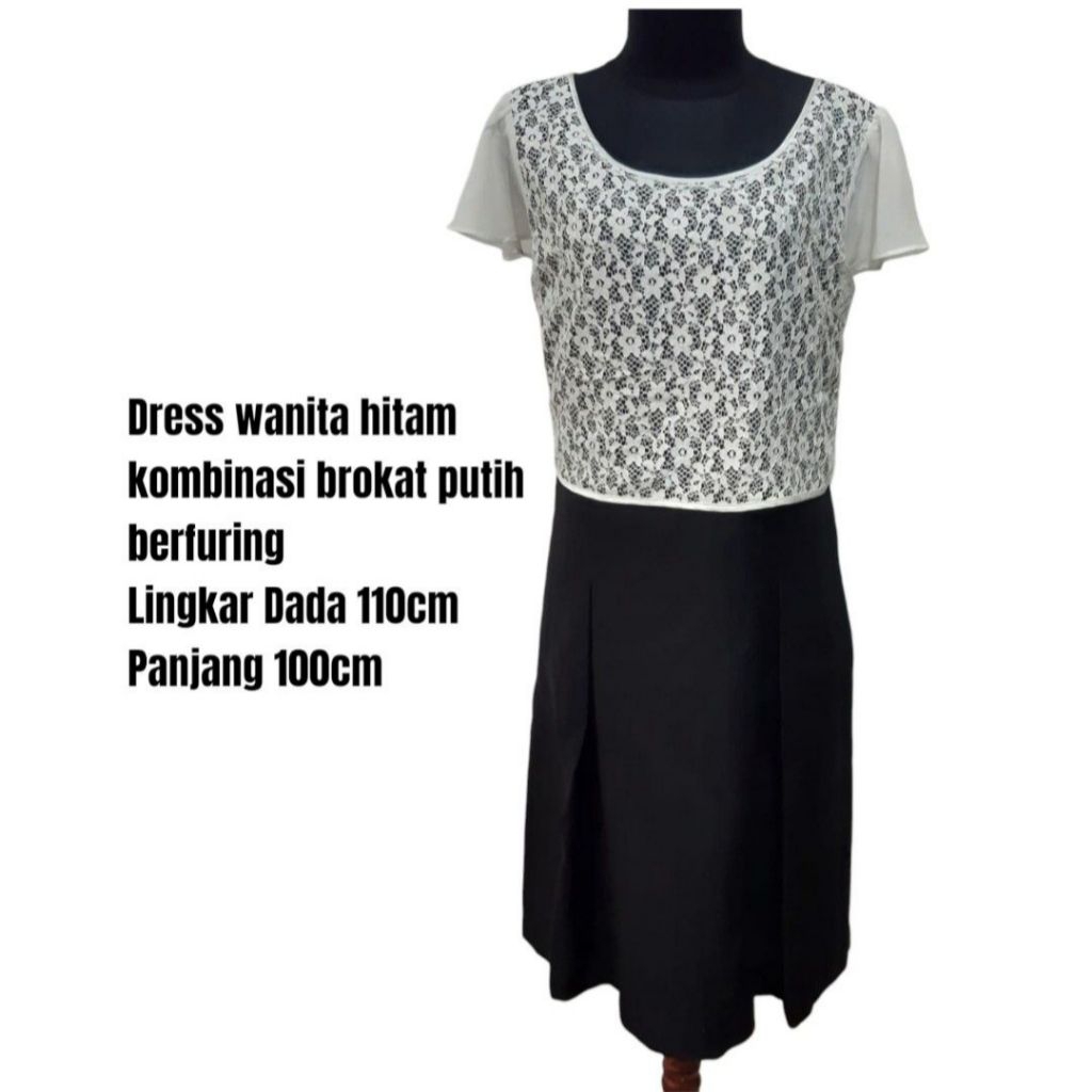 Dress wanita hitam kombinasi brokat putih berfuring