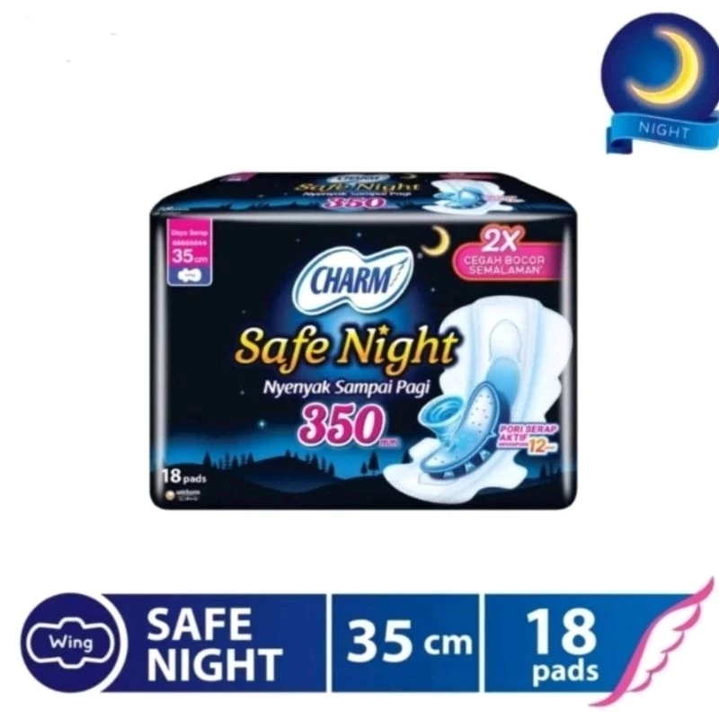 Charm Safe Night 35cm Wing – Pembalut Wanita Extra Panjang 18 Pads Anti Bocor