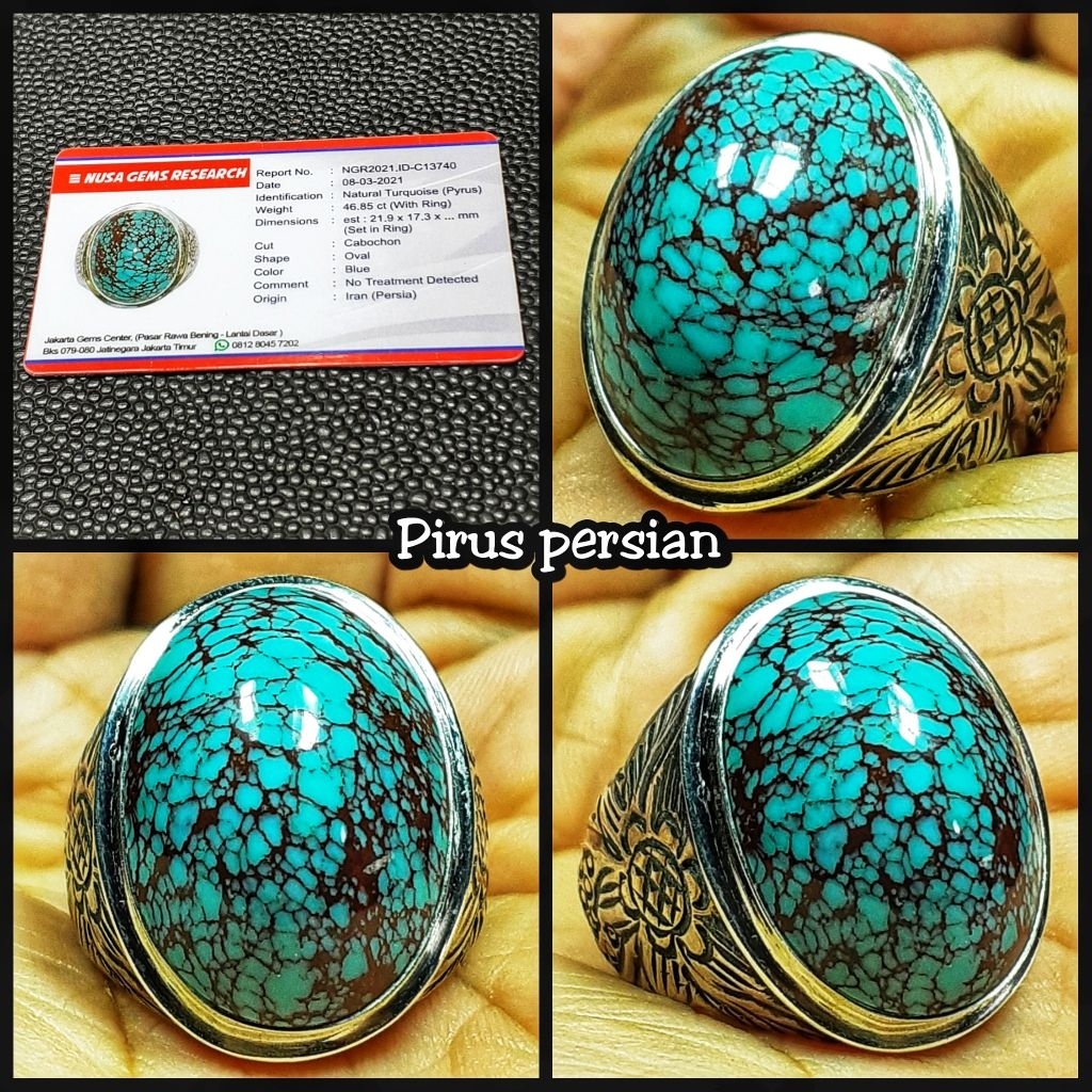 batu pirus persian jumbo ring perak asli ( ceplok kuro )