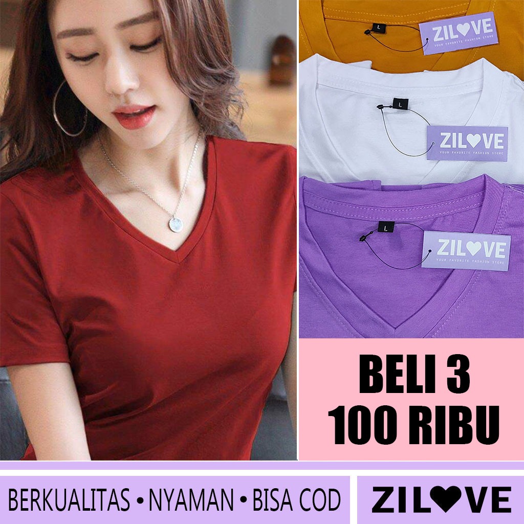 Kaos Polos Wanita Zilove Baju Kerah V Neck Kaos Perempuan Adem
