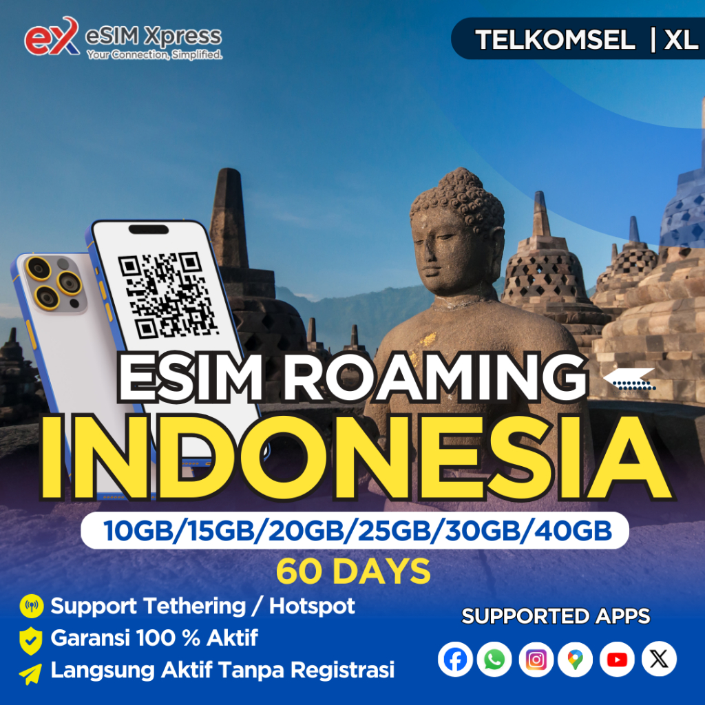 Auto Kirim 24Jam eSIM Roaming Indonesia Telkomsel 10GB/15GB/20GB/25GB/30GB/40GB Data | 60 Hari | Sol