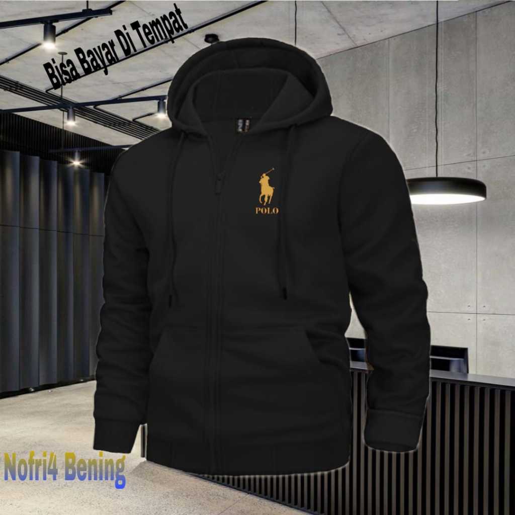 (COD) Jaket Resleting Distro Logo Polo Text Gold Jaket Pria Wanita Terkeren Jaket Denim Distro Katun