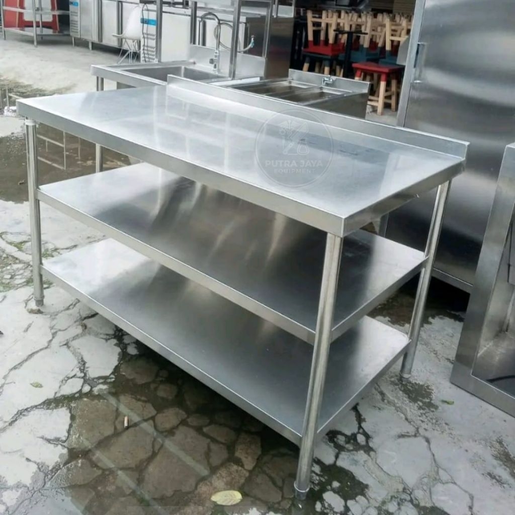 Meja 3 Susun Stainless 304 HL Premium 120×70×85 | Meja Dapur Stainless Dapur Restoran, MBG | Meja St