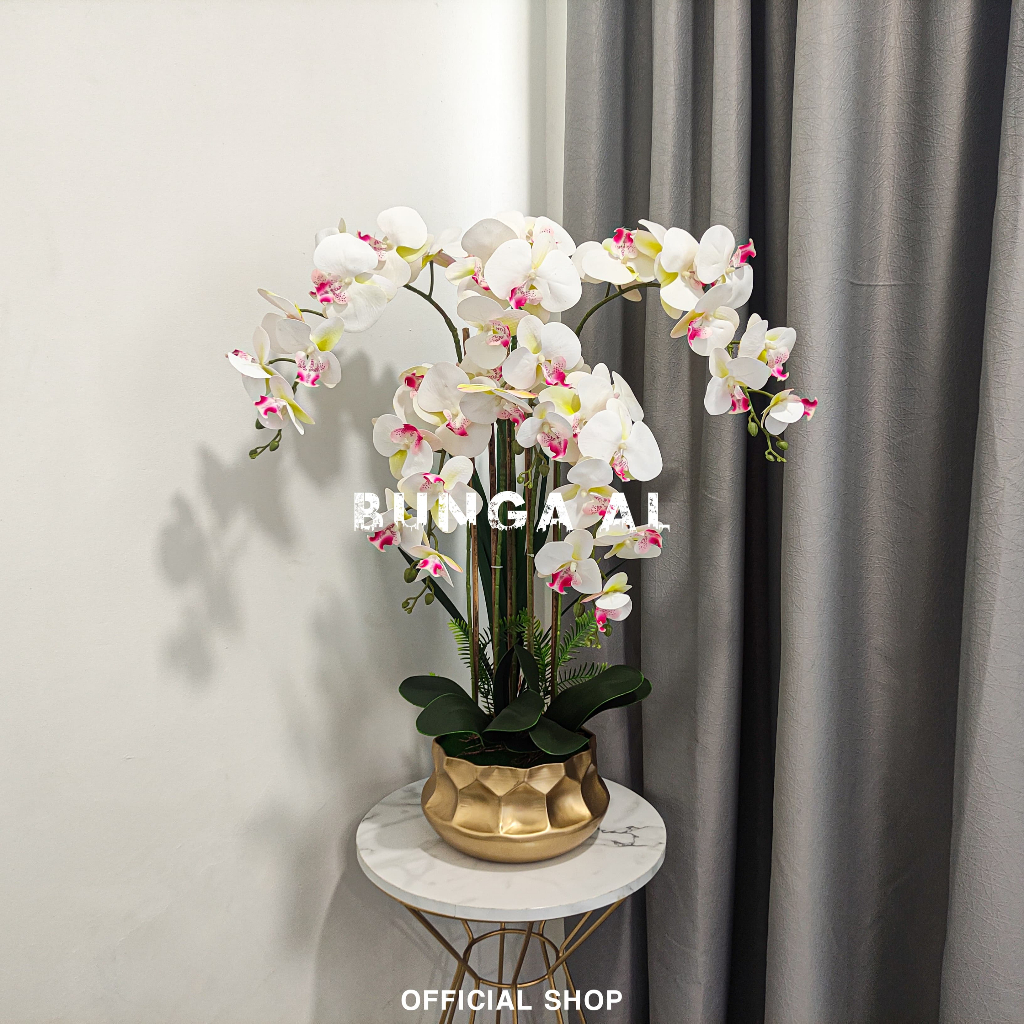 1 SET RANGKAIAN BUNGA ANGGREK LATEX JUMBO POT GOLD BESI PREMIUM RB6104 RANGKAIAN BUNGA BESAR / JUMBO