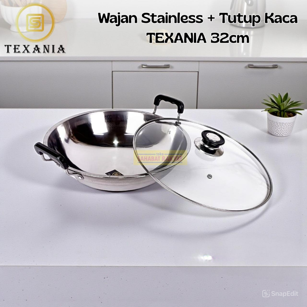 Wajan Penggorengan Wajan Tumis Kuali Stainless Tutup Kaca Texania 32cm.