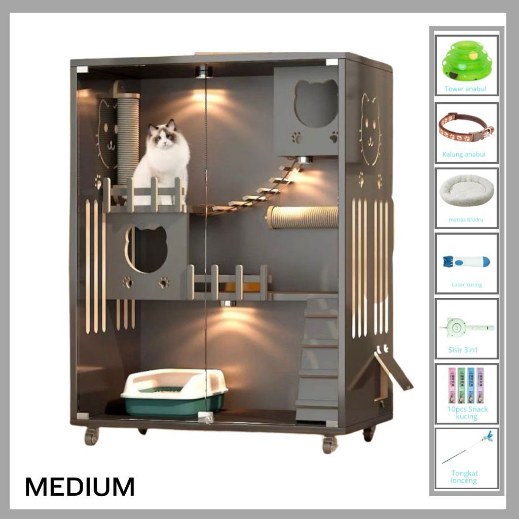 Kandang Kucing Kayu Solid | Catquarium Villa Rumah Kucing Medium C Bongkar Pasang Pintu Kaca Tempere
