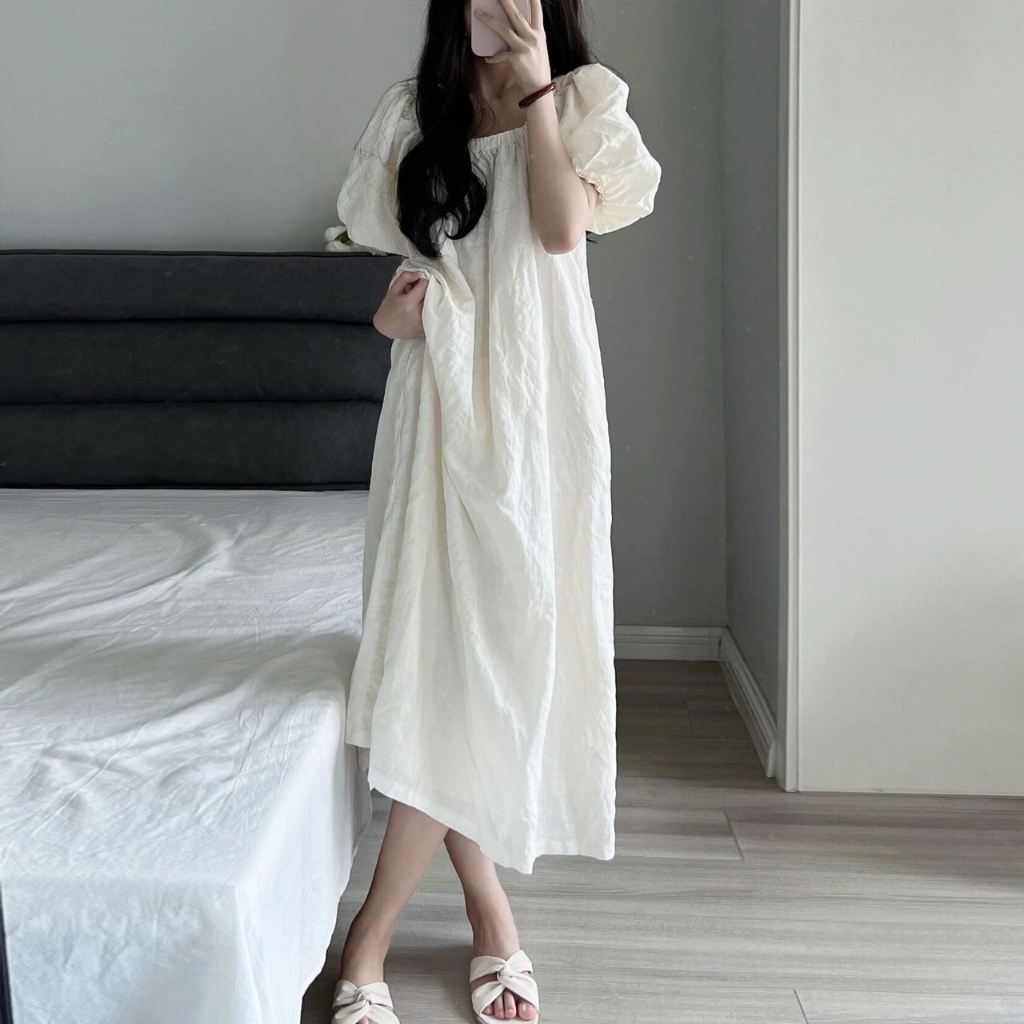 Gaun Tidur Wanita Katun Jumbo Lengan Pendek Model Puff Sleeve Putih Elegan Nyaman untuk Musim Panas 