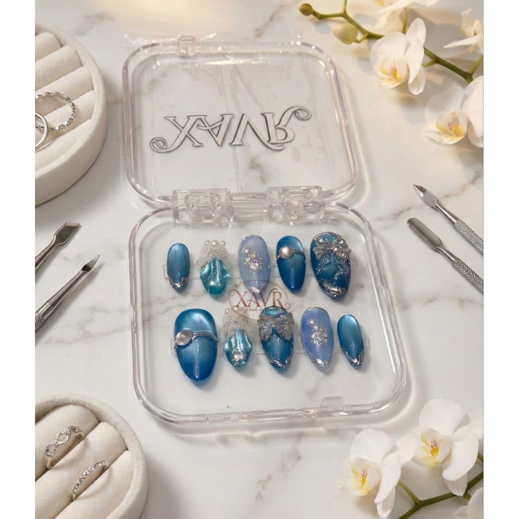 kuku palsu pita ribbon / press on nails premium luxury with silver chrome / cat eye biru hijau tosca