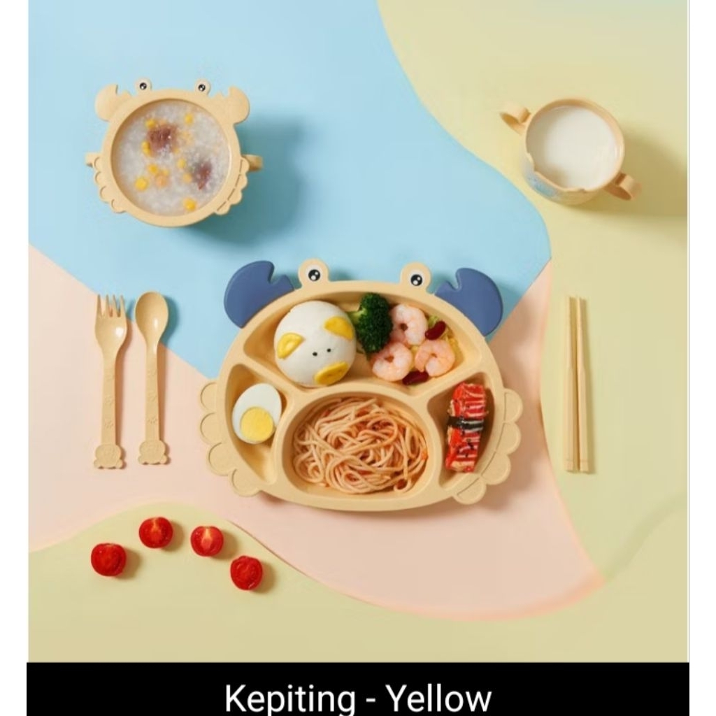 Terensu Piring makan anak + sendok Garpu sumpit Motif Kepiting Set perlengkapan makan bayi/Anak BPA 