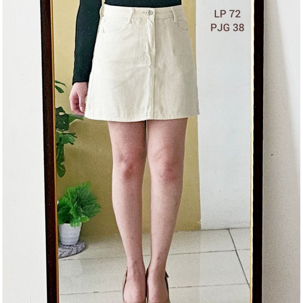 Woman's denim skirt High waist plain cream mini skirt A line rok wanita pinggang tinggi longgan polo
