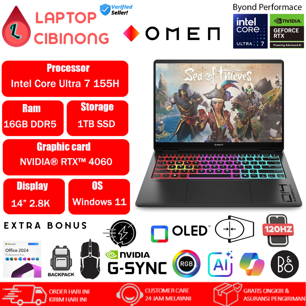 Laptop Hp Omen Trascend 14 OLED Intel Ultra 7 155H Nvidia RTX4060-8GB RGB Windows 11 Black