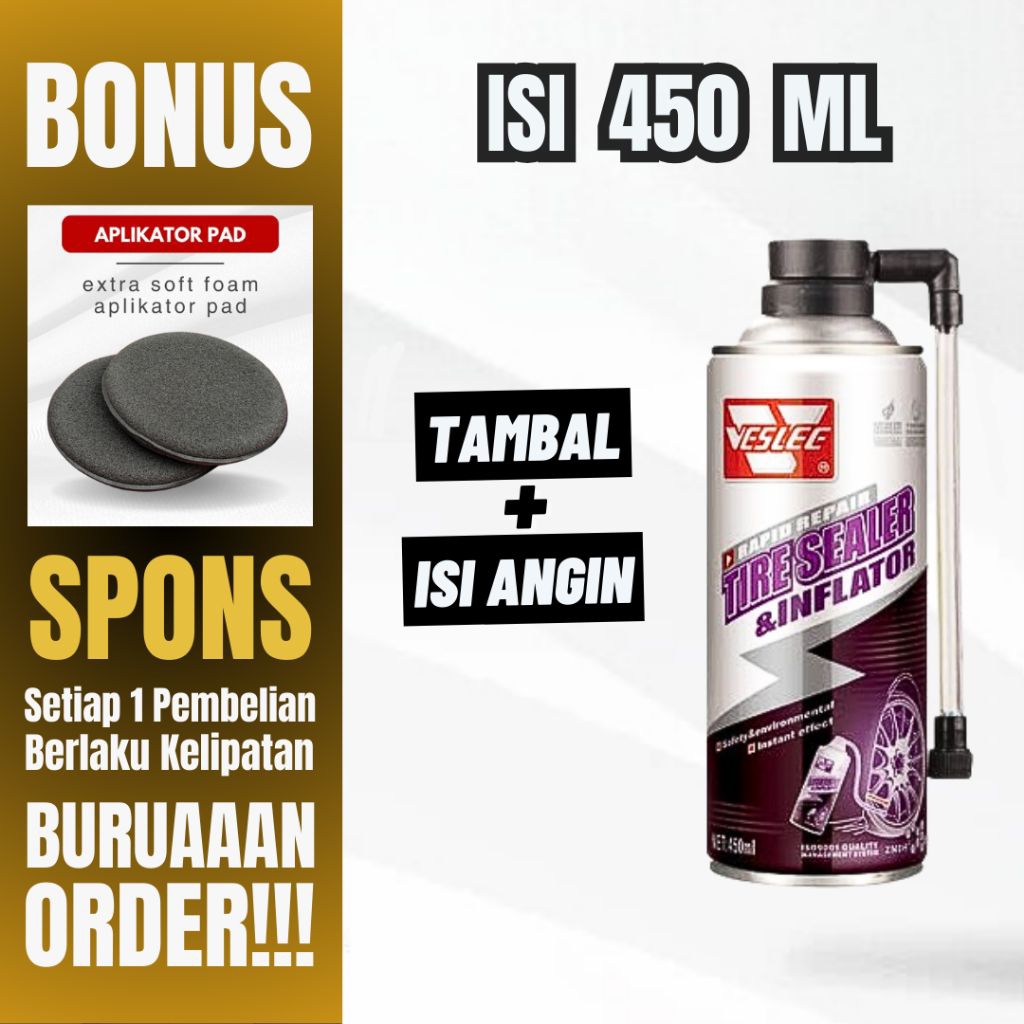 Veslee Tire Inflator & Sealer 450 Ml Cairan Tambal Ban Tubeless Motor Mobil Anti Bocor