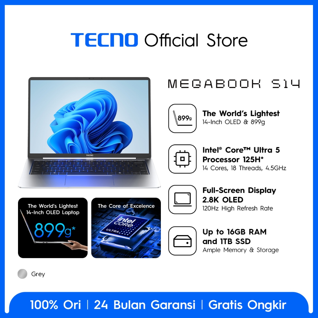 [NEW] TECNO MEGABOOK S14 Intel Core Ultra 5 125H - 16GB+1TB, 50Wh Battery + 65W GaN Fast Charge, 14 Inch 2.8K OLED - Gambar 2