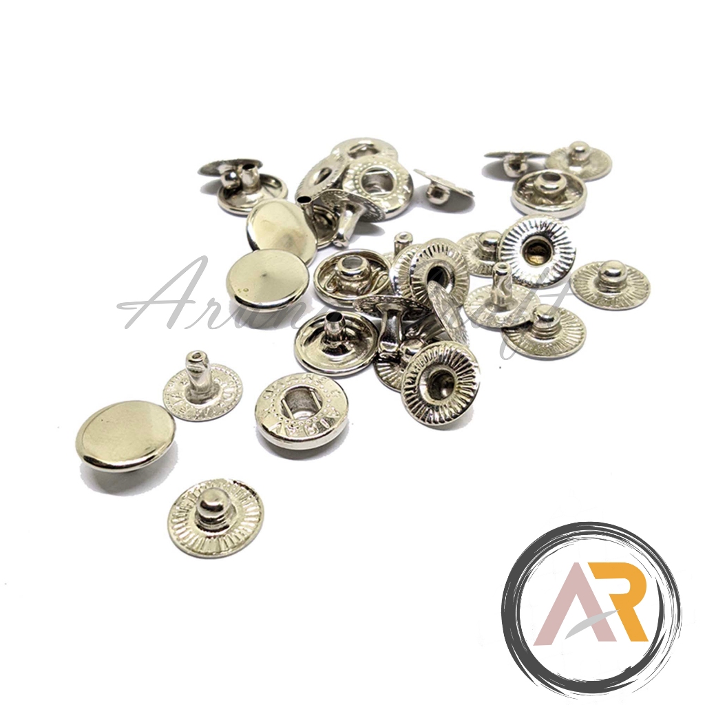 Kancing Cetet Besi 10mm Warna Nikel 12 Set untuk jaket, tas, Dompet, Jump Suit