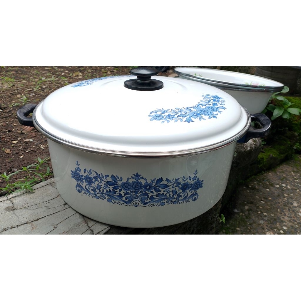Panci Besar Enamel Motif Daun Bunga (Preloved)