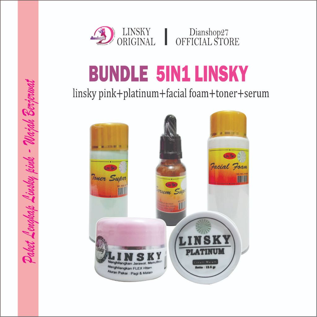 LINSKY PINK ORIGINAL - paket set bundling 5pcs lengkap cream toner serum sabun ampuh atasi jerawat w