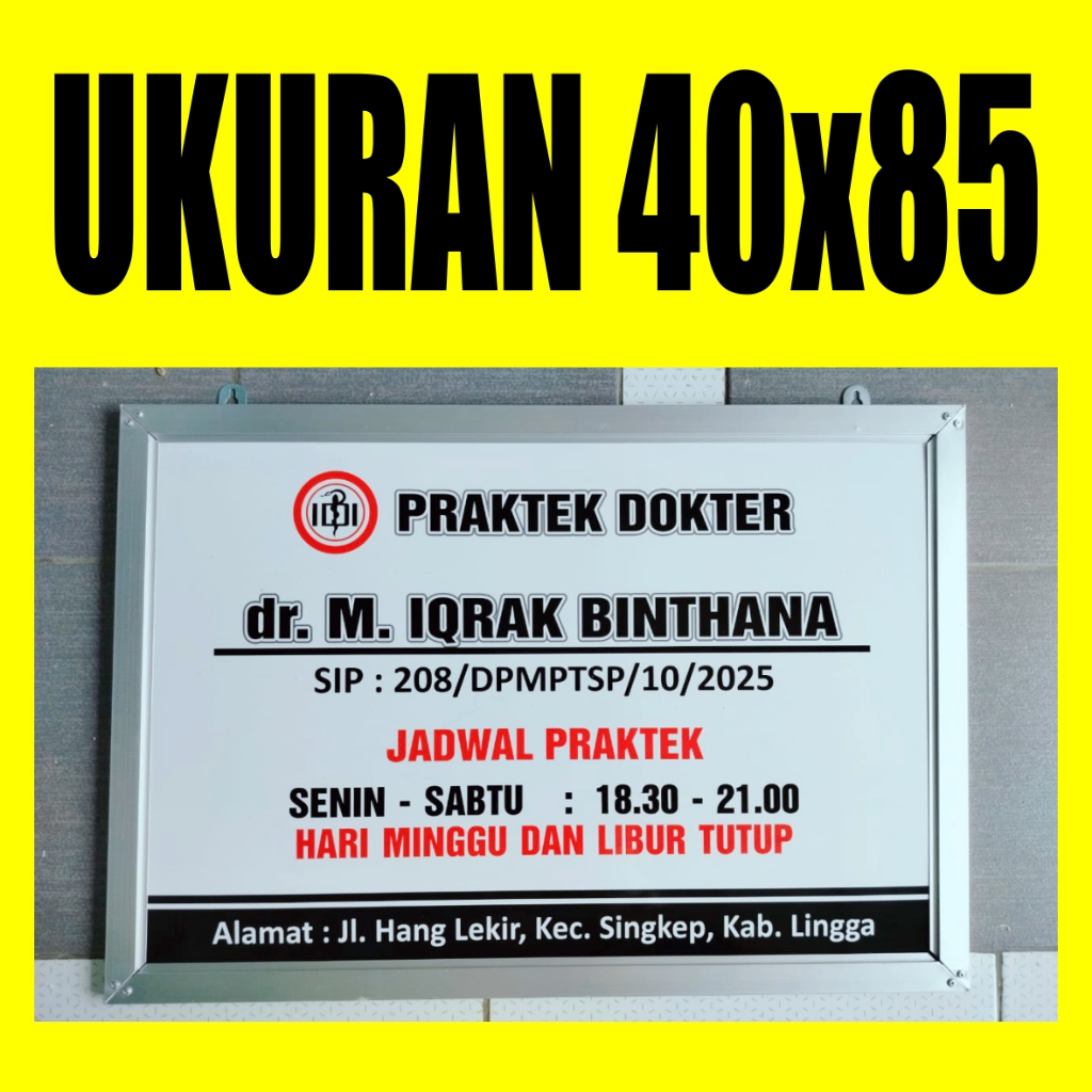 Papan Nama Acrylic 40x85 Papan Nama Dokter Plang Bidan Praktek Sekolah Sign Label 40*85 Akrilik