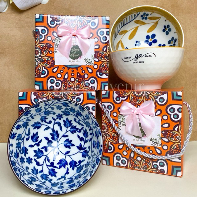 SOUVENIR MANGKOK KERAMIK MOTIF - MANGKOK JEPANG SAKURA - SABLON KEMAS BOX