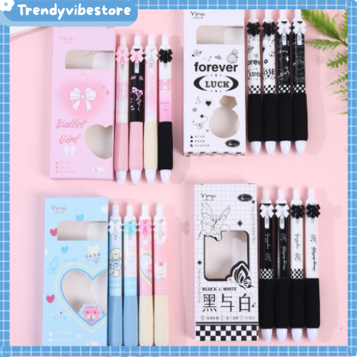 PN11 Pulpen Gel Mekanik 0.5mm Set Isi 4 Pcs Pulpen Karakter Aesthetic Tinta Hitam untuk Sekolah dan 