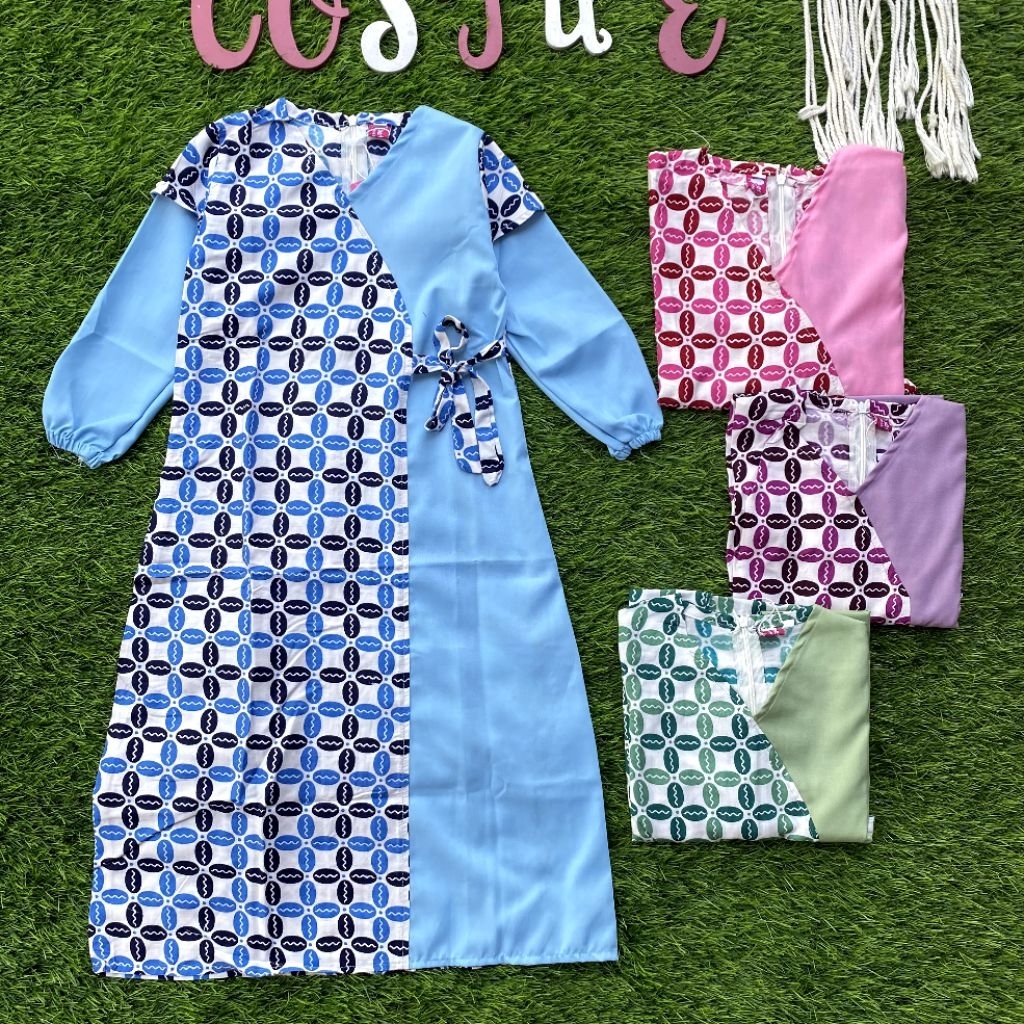 Batik Costume Gamis Lily Model Kimono Lengan Panjang Berkerut Motif Kawung Warna Biru Pink Sage Lila