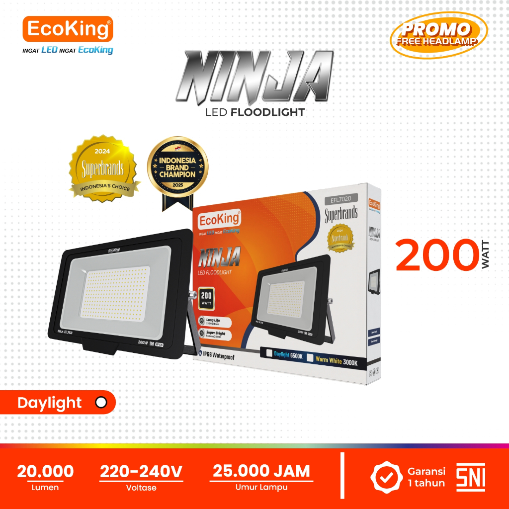 EcoKing Lampu Sorot LED Flood Light Ninja 200W Cahaya Putih (NINJA-EFL7020DL)