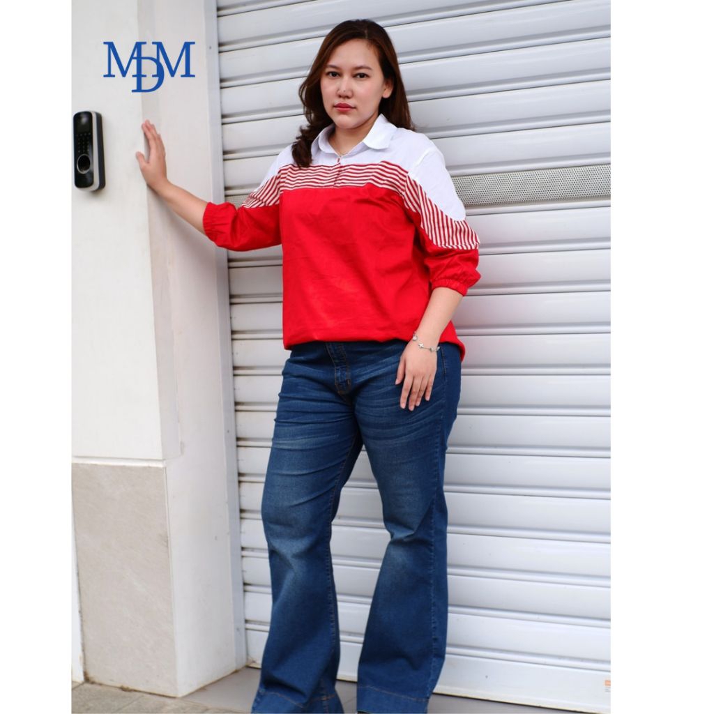 MDM - Atasan Kemeja Merah Katun Jepang / Kemeja Lengan Panjang Wanita Katun Kombinasi Shirt Import