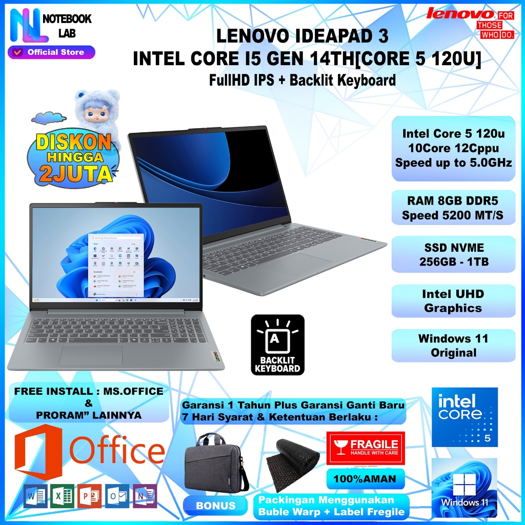 Laptop Lenovo Ideapad Slim 3 Intel Core i5 Gen 14 (Core 5 120u) RAM 8GB SSD NVMe 1TB FullHD + IPS