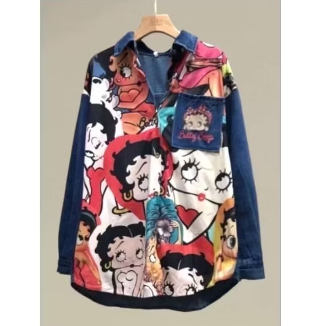 KEMEJA JEANS MEWAH COMBI BEETY BOOP WARNA DARK BLUE )