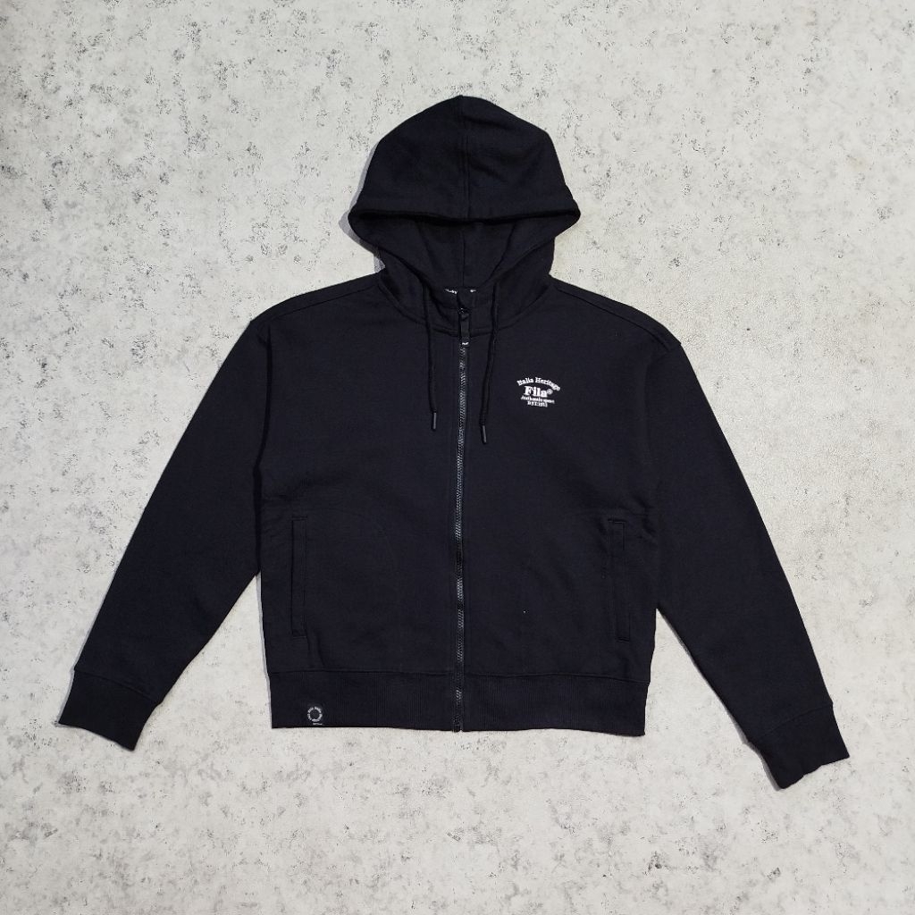 Hoodie Tracktop Zipper pria FILA ITALIAN HERRITAGE Hitam Basic Logo bordir Casual Vintage size