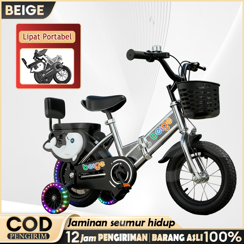 BEIGE Sepeda Anak Sepeda Lipat Ukuran 12 14 16 Roda Bantu Anak Usia 2-8 Tahun Ringan Tahan Lama
