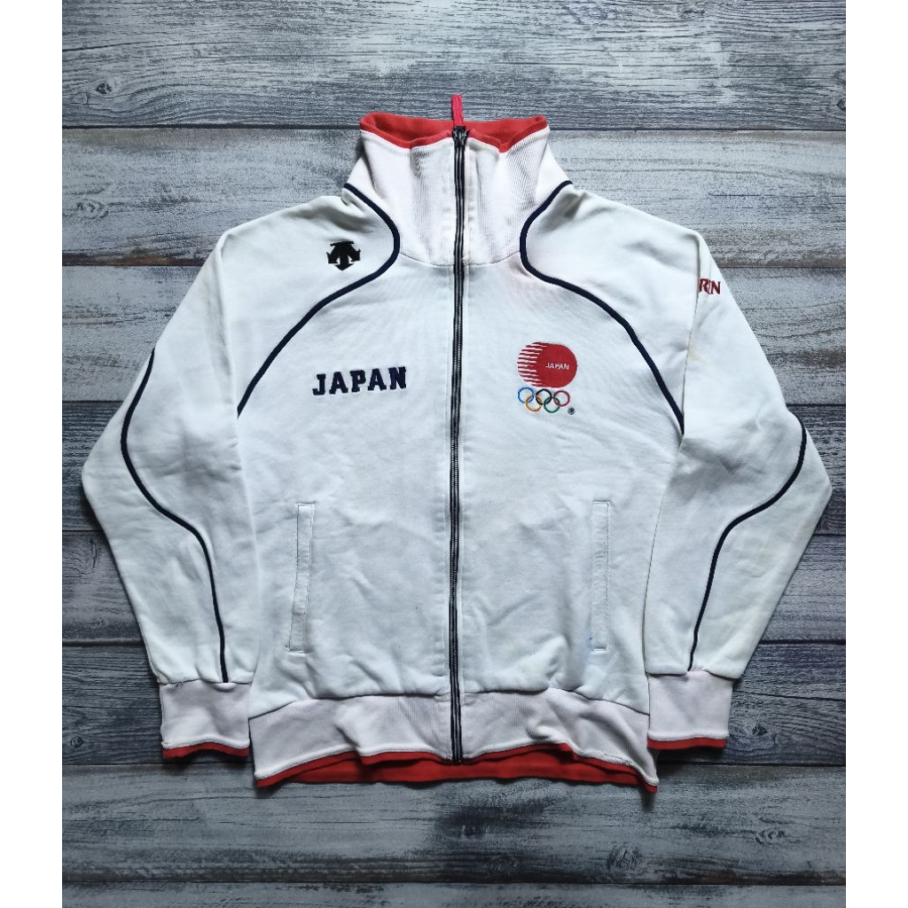 Jaket descente tracktop logo Japan motoran hangout unisex putih branded minus bagian lengan