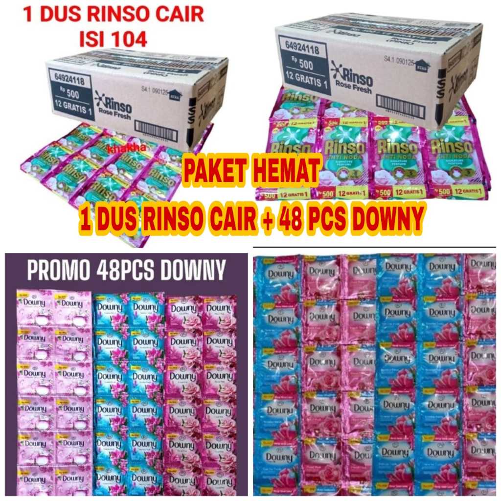 Paket Murah 1 Dus Rinso Kemasan 500san isi 104 sachet plus 48 Sachet Downy wangi tahan lama