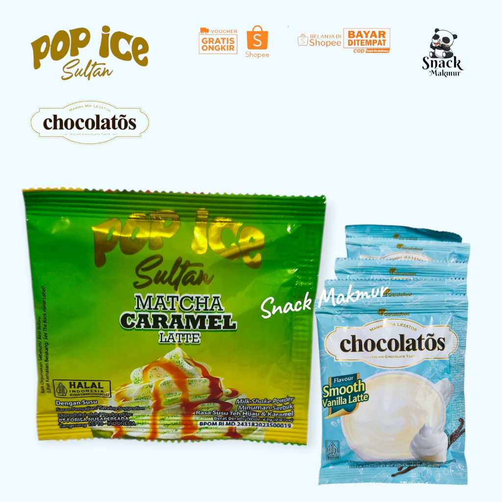 POP ICE SULTAN MATCHA CARAMEL DAN CHOCOLATOS DRINK VANILLA LATTE HARGA PER 2 VARIAN PRODUK 2 RENCENG