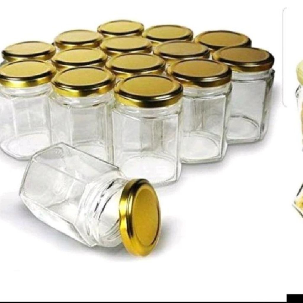 toples hexagonal segi enam 180ML tutup putar kuning emas toples beling kaca kecil mini bumbu dapur g