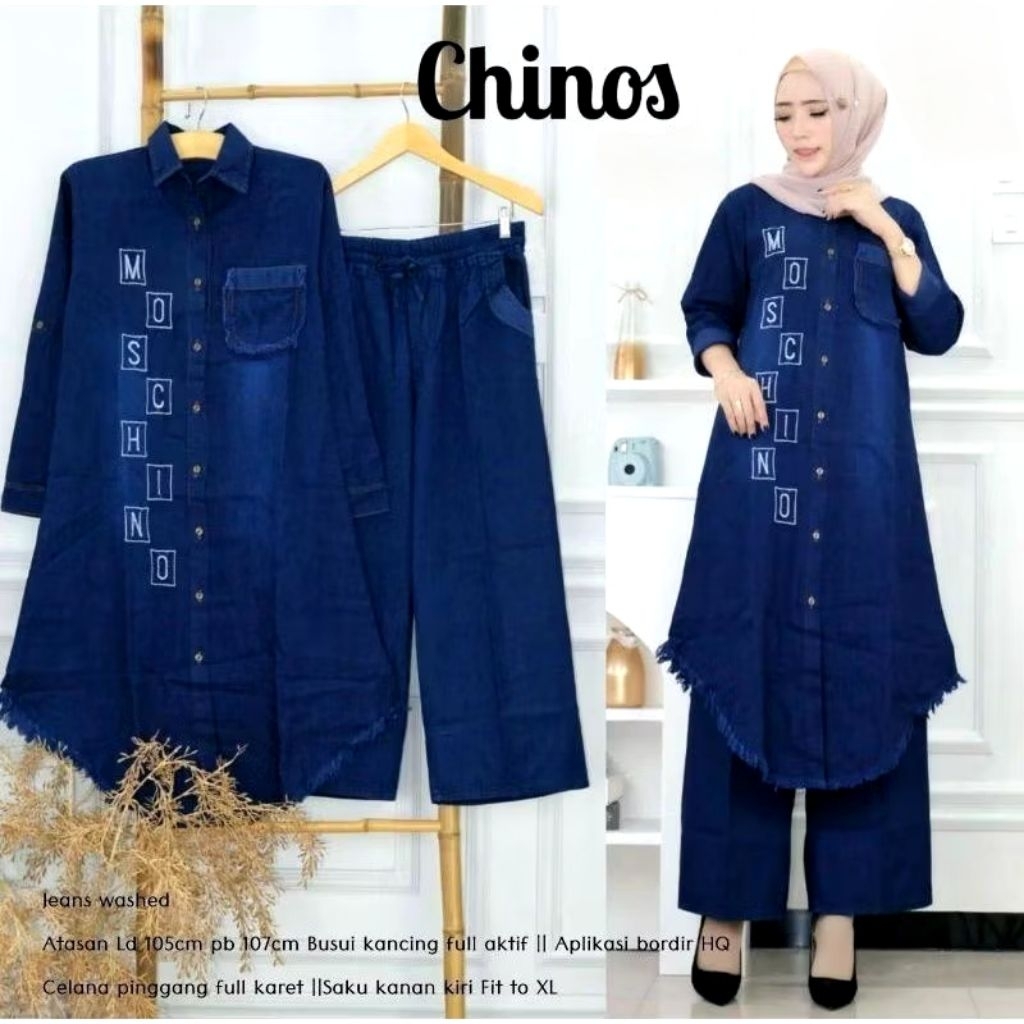 Moschino Navy Tunik Long Jeans Wanita Tunik Bordir Rawis