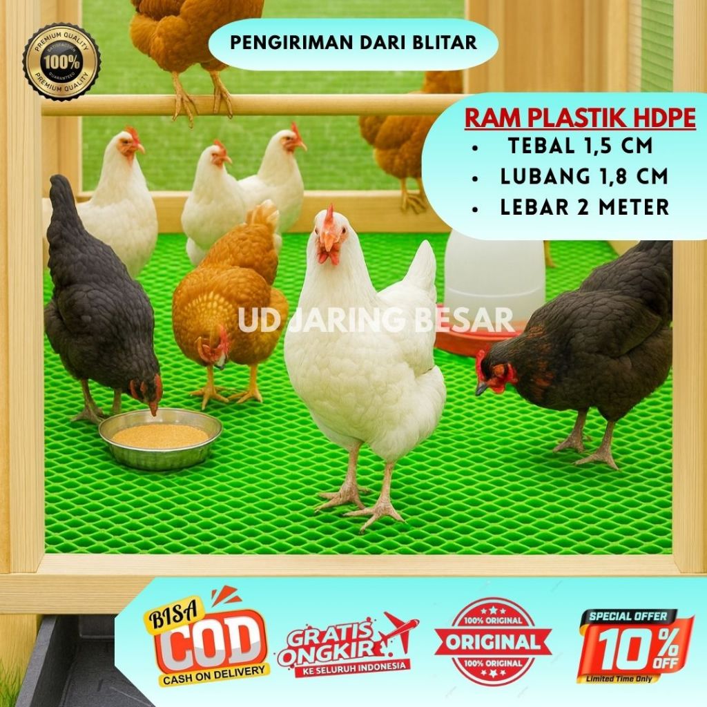 Ram jaring plastik HIJAU ECER Lebar 2 meter alas lantai ayam | jaring kandang ayam | jaring pagar ta