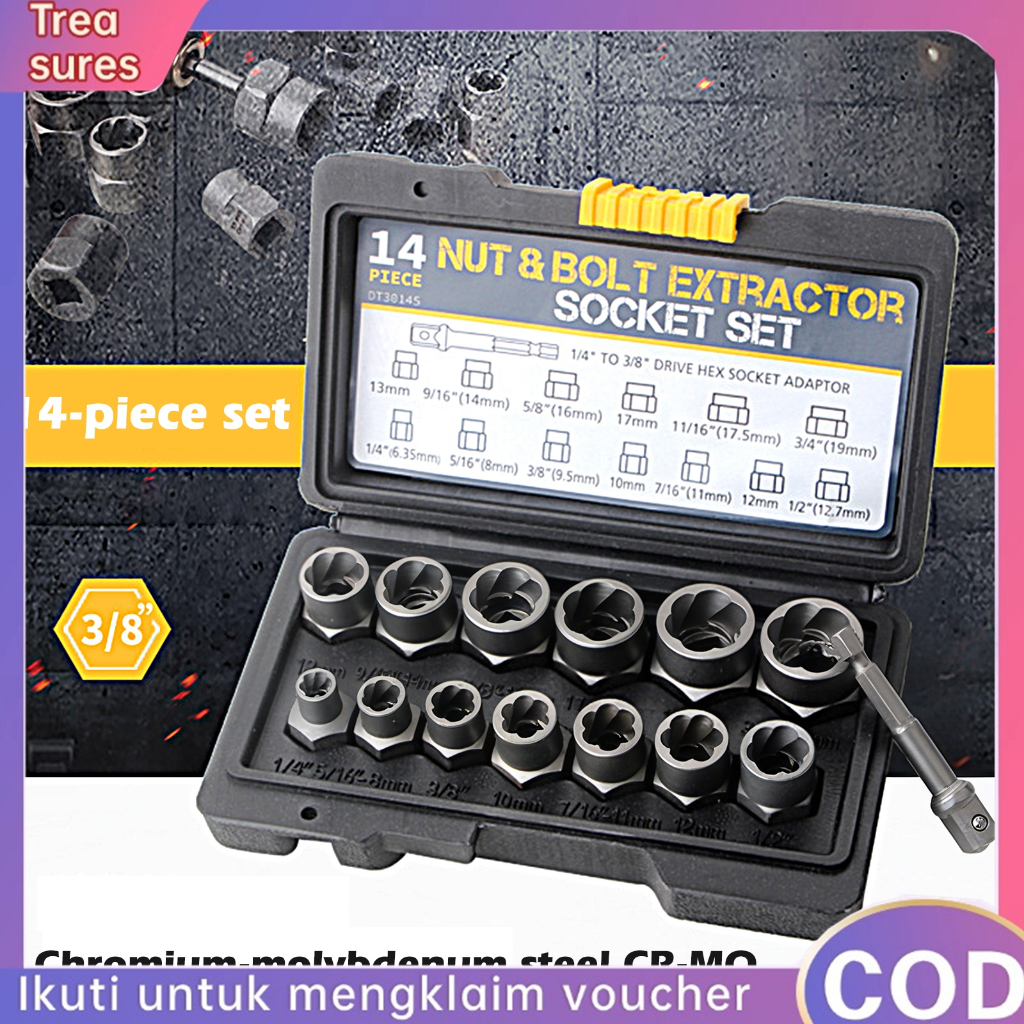 [Ready] 14 PCS Alat Pembuka Baut Mur Hex Rusak 9mm-19mm 3/8" Impact Bolt Nut Remover Set Broken