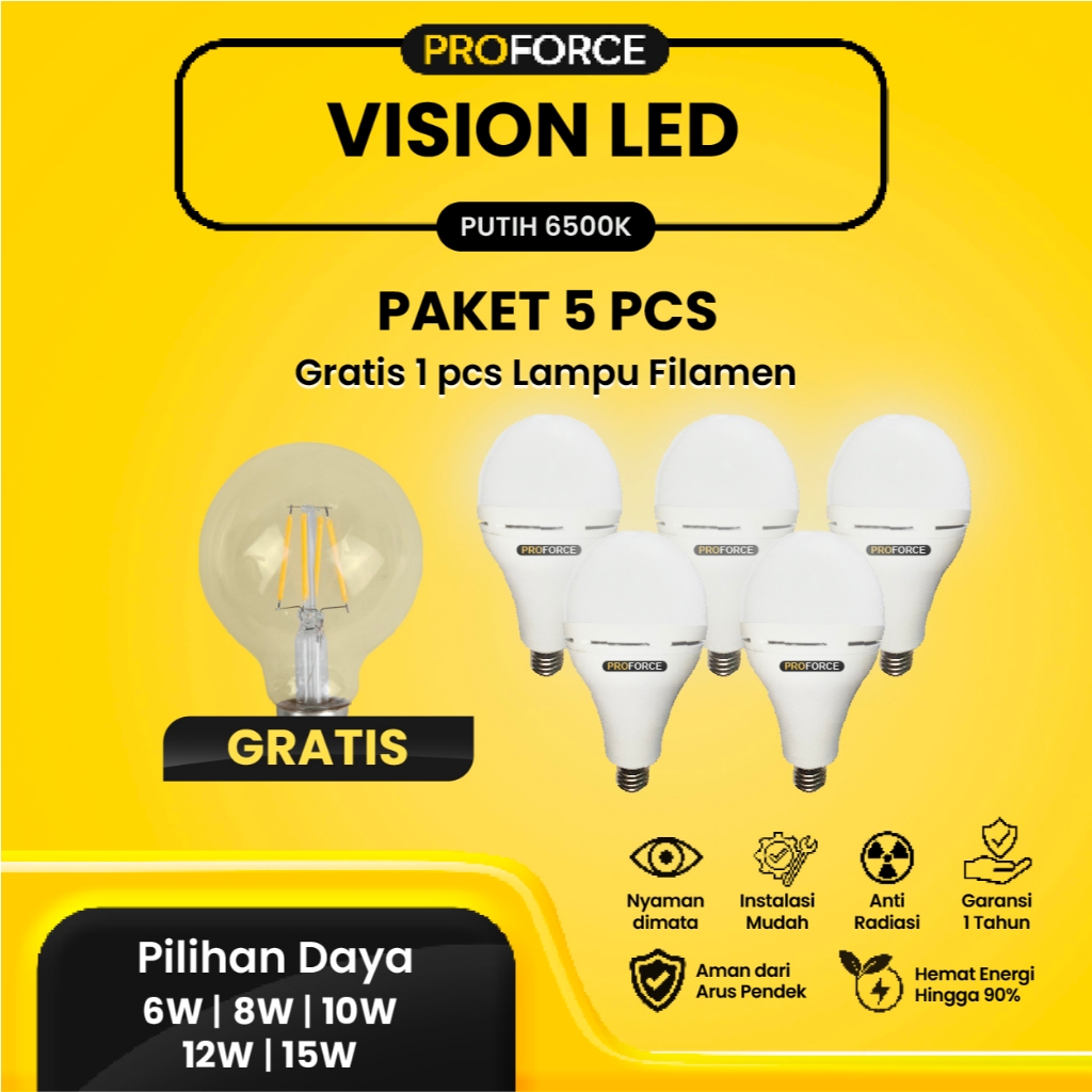 Paket 5 Pcs Proforce Bohlam Bola Lampu Emergency LED Warna Cahaya Putih Vision Tahan Lama Tanpa List