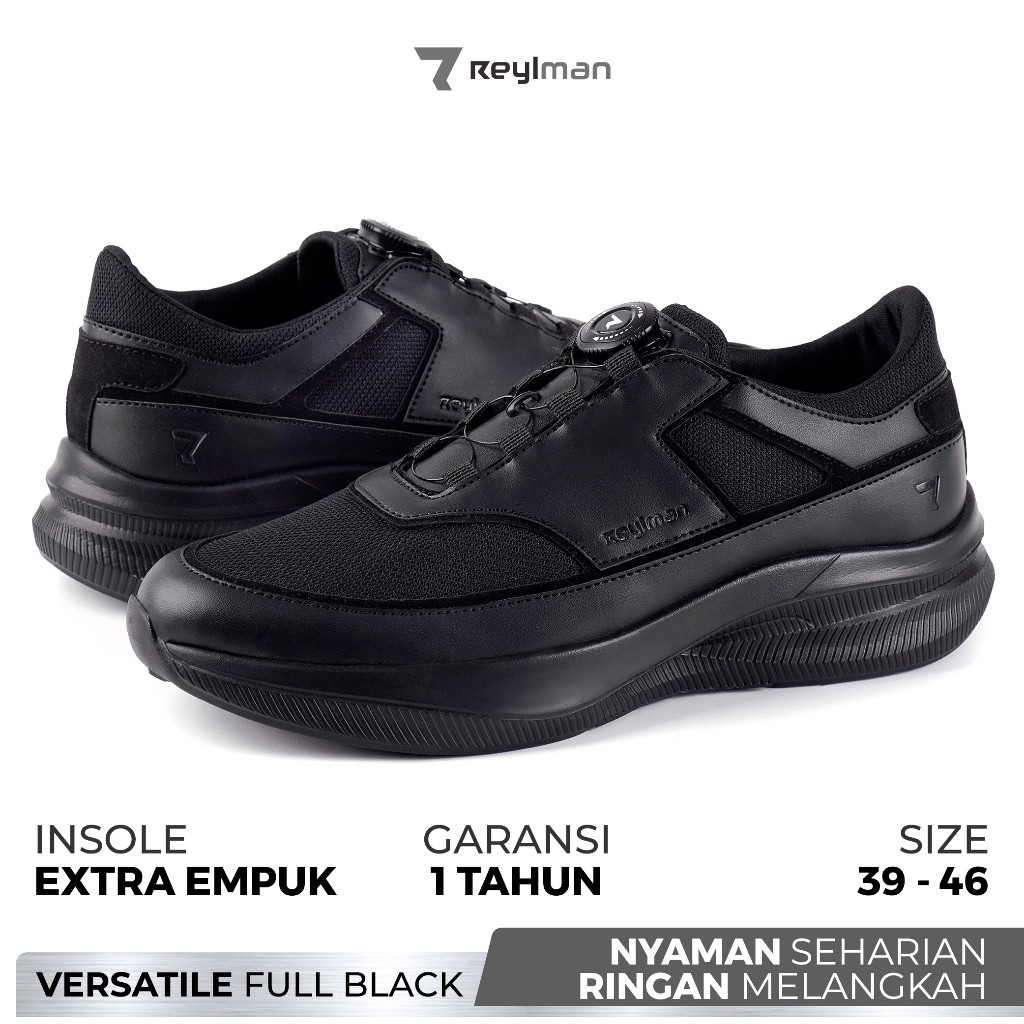 REYL MAN | VERSATILE Full Black | Sneakers Full Black Pria | Sepatu Tali Putar | Size 39-46 |Sepatu 