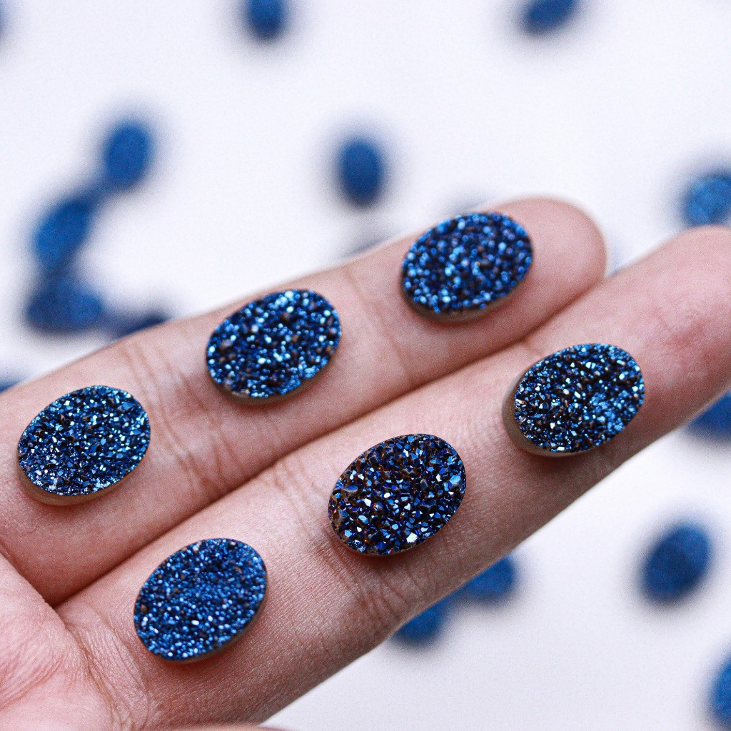 Blue Druzy – Sparkling Crystalline Gemstone | 10X14 Oval AAA Quality | Elegan untuk Cincin & Liontin