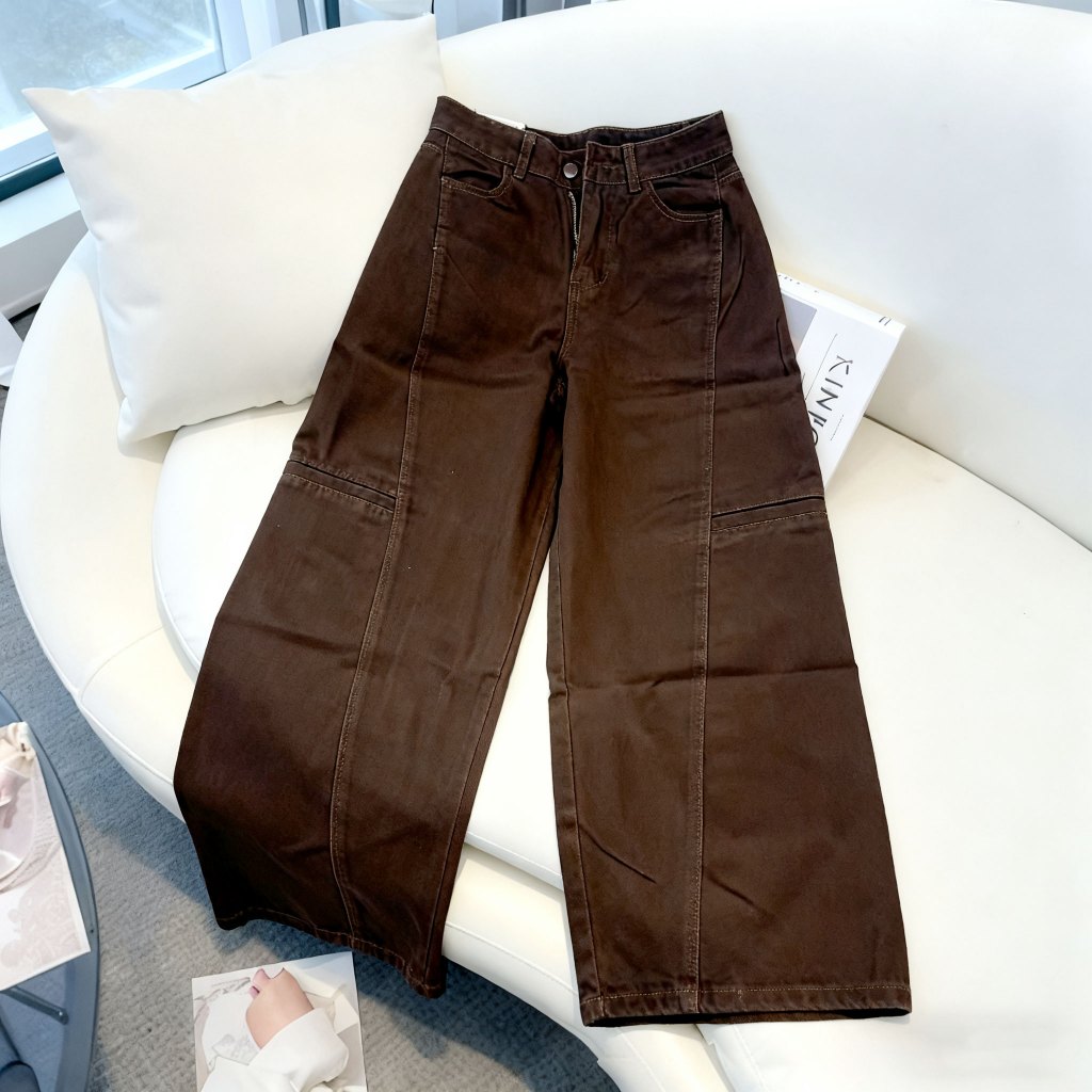 cokelat Celana Cargo Jeans Wanita Highwaist Loose pants Celana Jeans Cewek Celana Cargo Denim Wide L