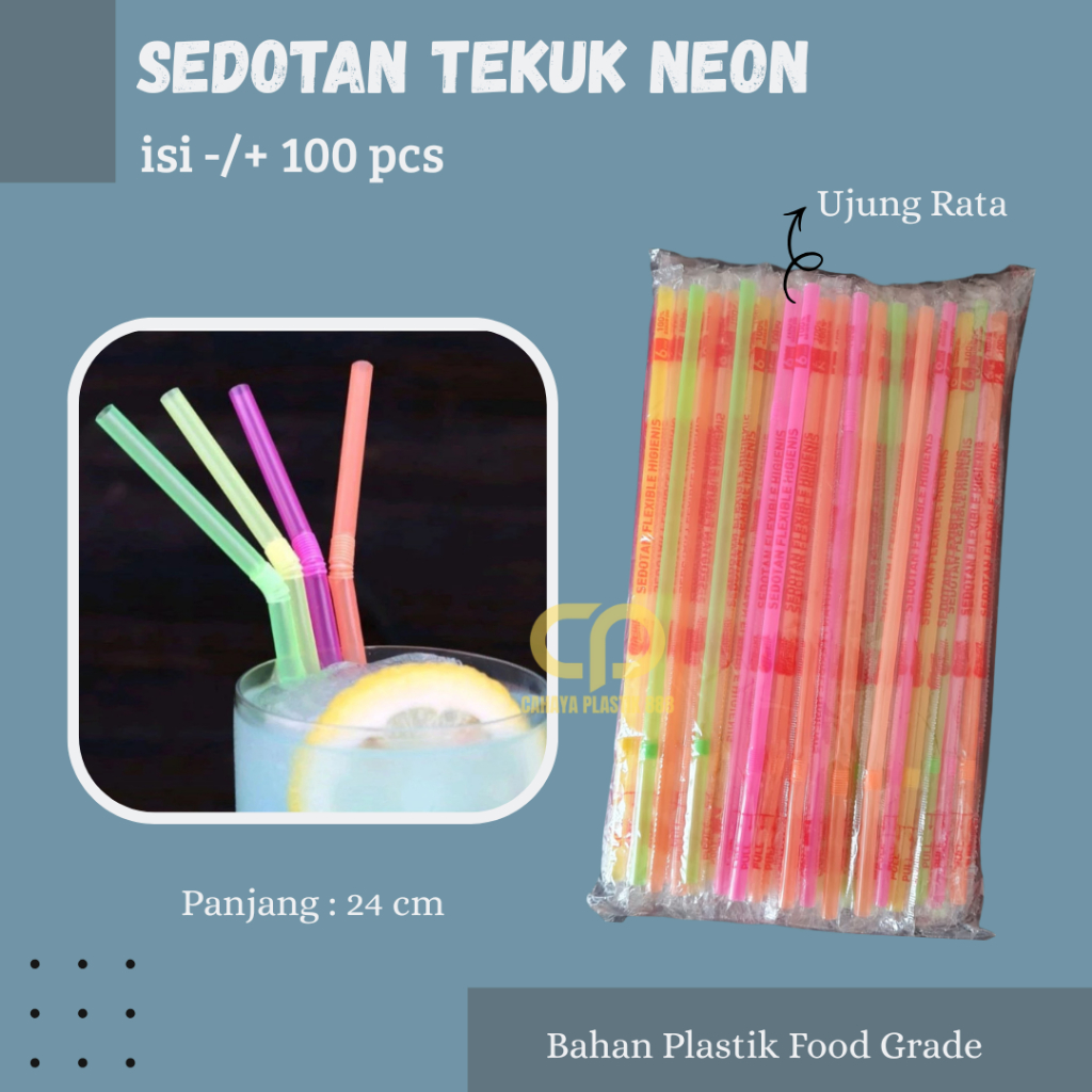 Sedotan Steril Bengkok Bungkus Plastik Warna Warni / Higenins Neon 100 pcs