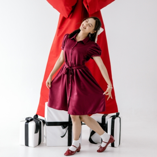 ULTRAVIOLET Ido Silky Dress 368 Maroon - Baju Terusan Wanita Korean Natal Gereja Holiday