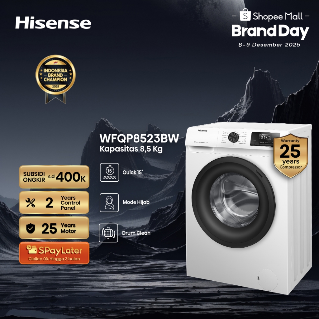 Hisense Mesin Cuci WFQP8523BW Front Loading Kapasitas 8.5KG 1 Tabung Bukaan Depan Hijab care Perwata