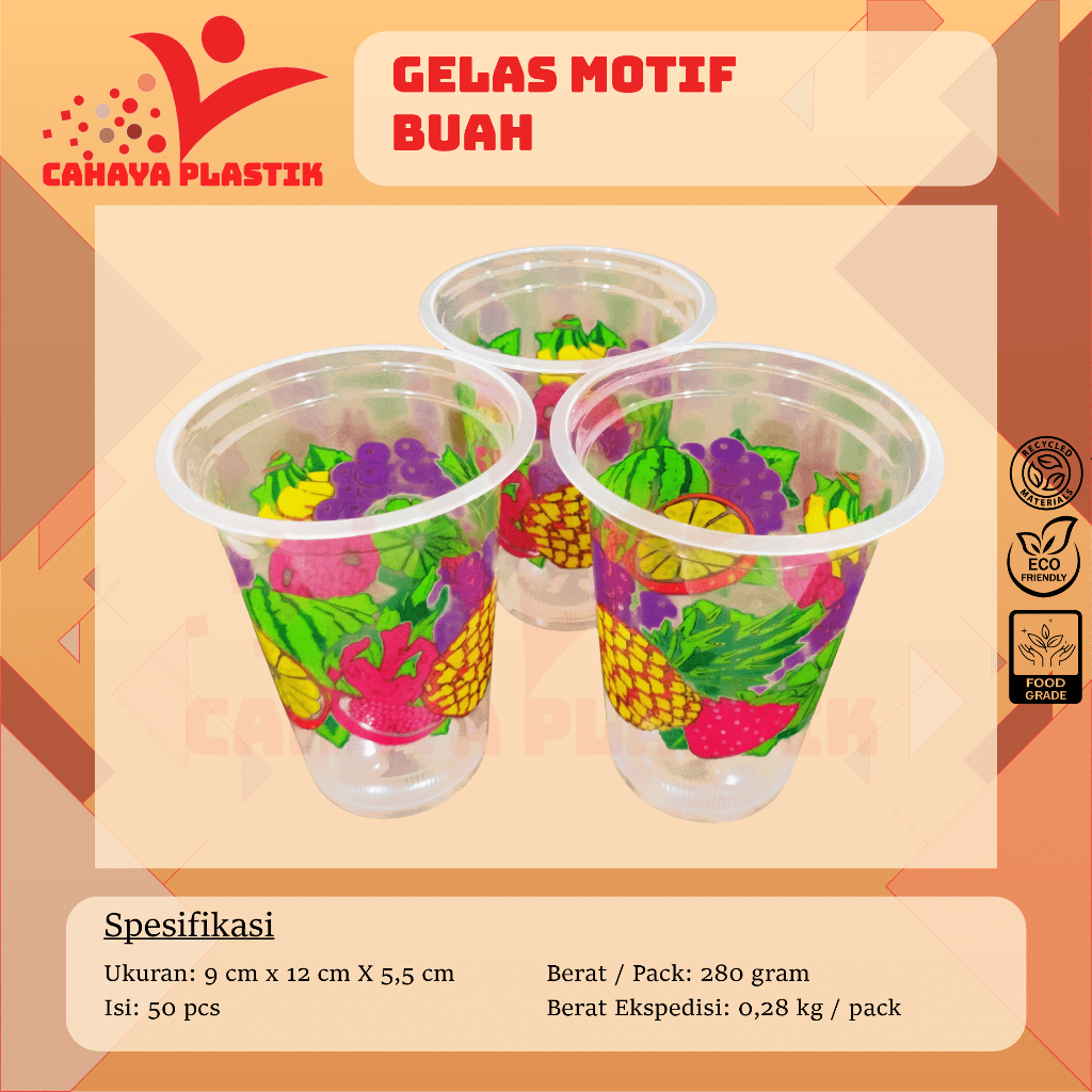 Gelas Plastik Bening 16oz isi 50pcs / Gelas Motif Buah 16oz Isi 50pcs