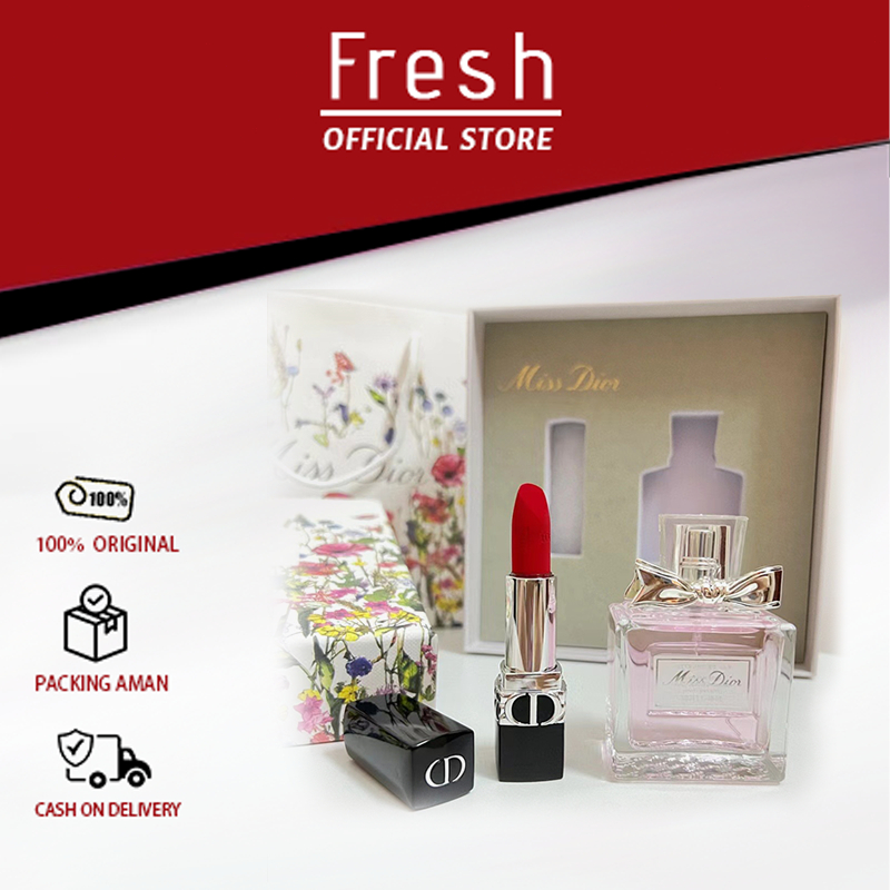{100% Original }Dior Parfum Gift Set original |Miss Dior EDT 50ml +Dior lipstik Velvet #720 3.5gr Mi