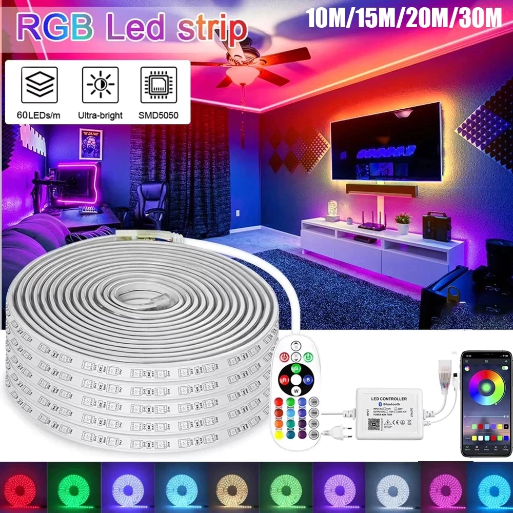 Lampu LED Strip 5050 220v 10/15/20/30Meter Lampu LED Strip RGB Fleksibel Tahan Air