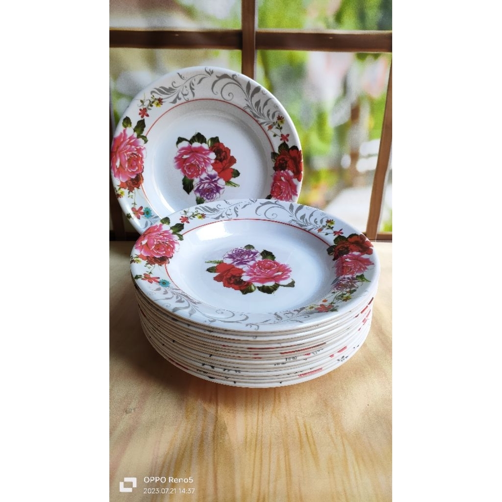 meishing 12pcs piring makan bulat melamine 9inch 23cm food grade SNI bebas BPA motif bunga merah mar