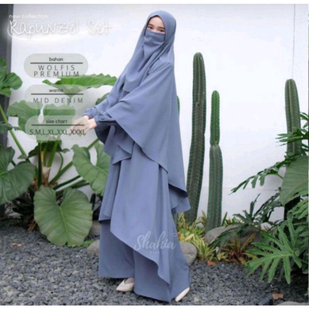 Rapunzel set by Shahia size S warna Mid Denim gamis set bergo bahan wolfis premium